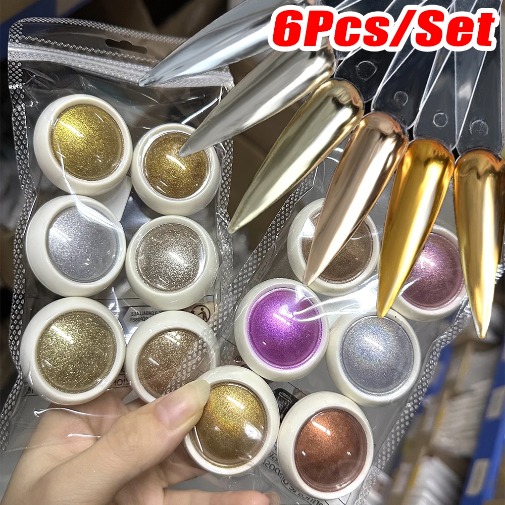 Juego de polvos para uñas cromados, 6 colores, efecto espejo brillante, aurora holográfica, polvo metálico dorado y plateado para uñas, pigmento nacarado para uñas