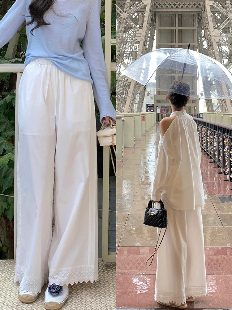 

Zhaoyaoemai Budapest Series Прямые брюки с кружевной отделкой и высокой талией Широкие брюки длиной до пола Женские весенние повседневные брюки