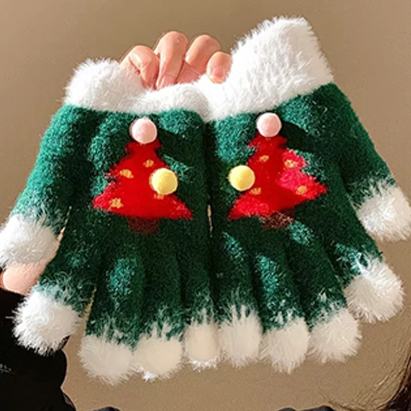 2025 Winter Christmas Tree Gloves For Women Knit Warm Mittens With Exposed Fingers Touch Screen Fluffy Fur Full Finger Gloves