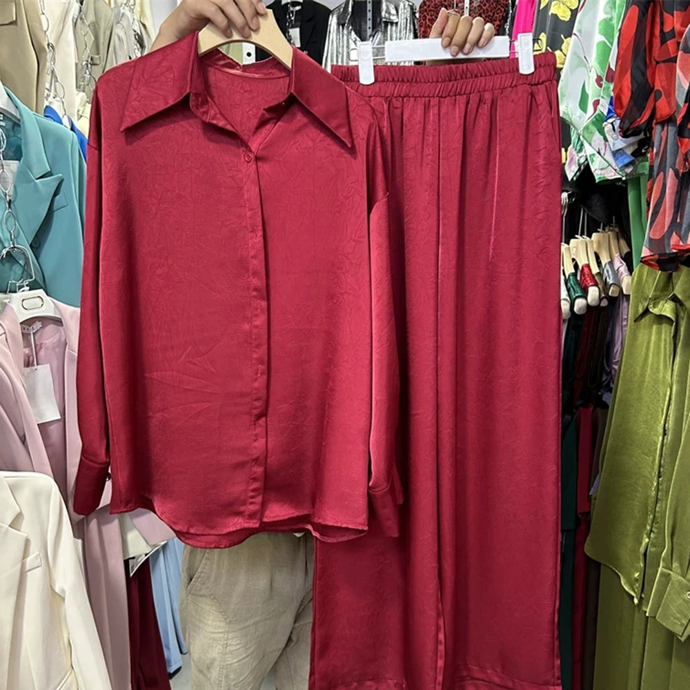 Conjunto de dos piezas de camisa holgada de satén de acetato + pantalones de pierna ancha con cintura elástica-GZTZ064
