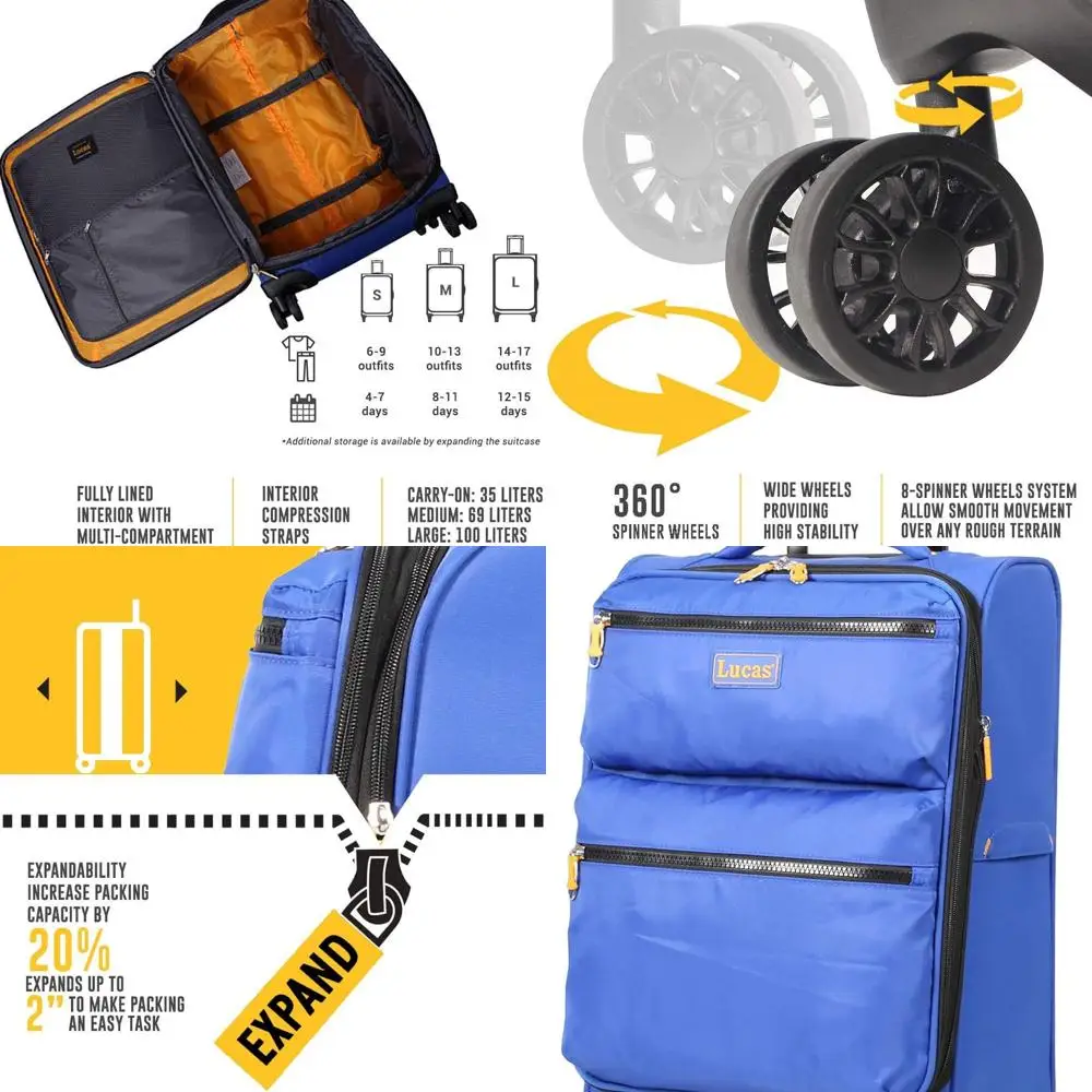 

Легкий расширяемый чемодан LUCAS на 20 ручных клади с 8 вращающимися колесами, подходит для авиакомпании, королевский синий цвет