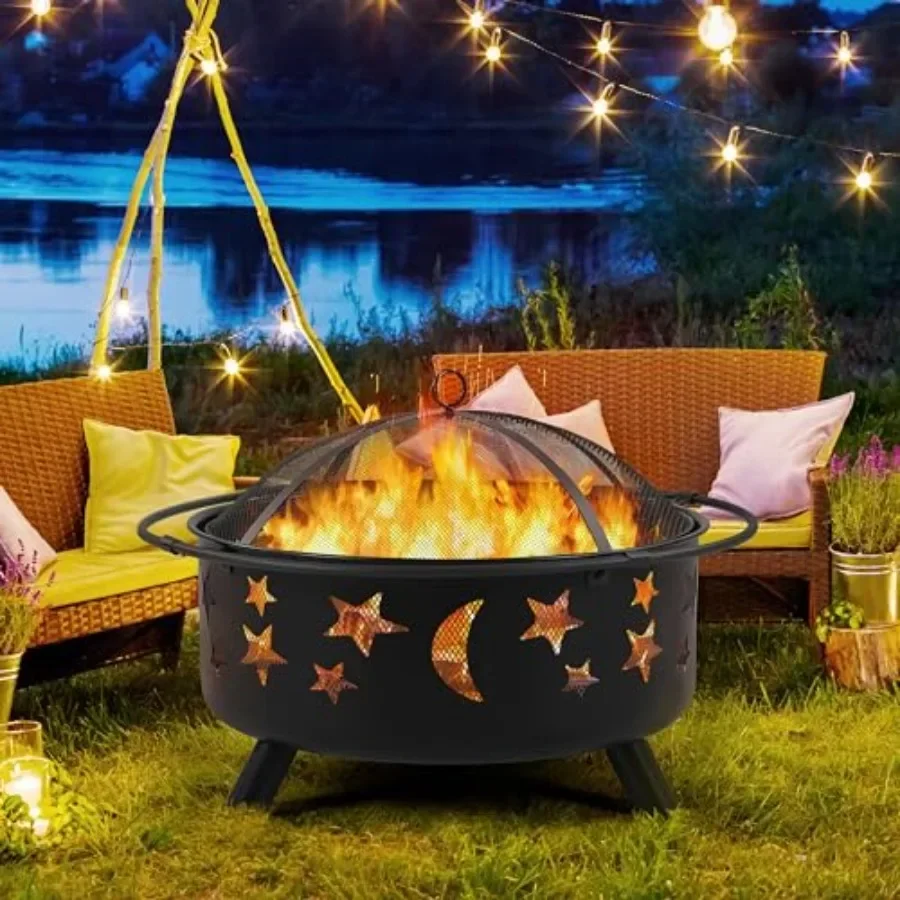 Outdoor wood-burning fire pit, 30in diameter, steel construction, matte black finish, weather-resistant and portable design for