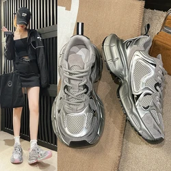 Sneakers da donna tacchi alti in rete di pelle per donna scarpe stringate Casual scarpe con plateau di moda Trend 2024 Zapatos De Mujer