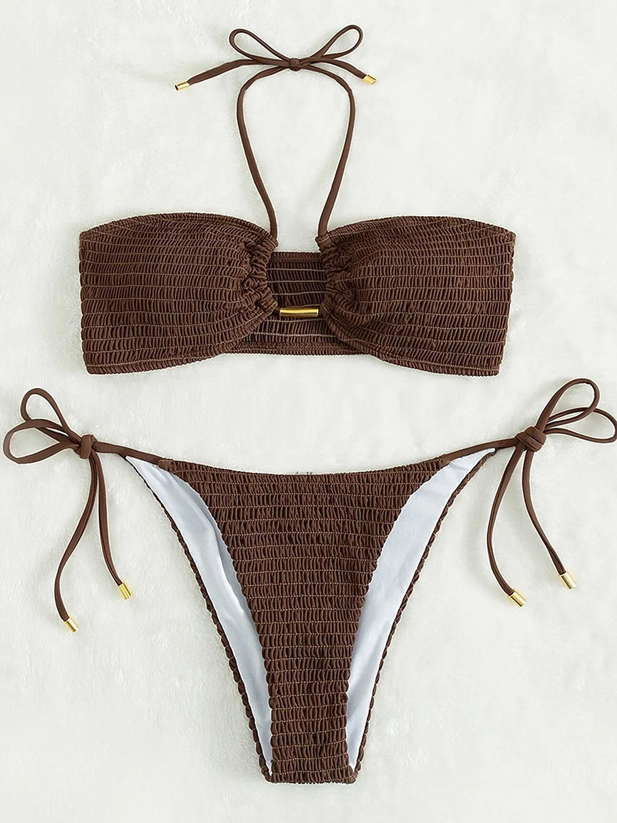 Bikini plisado con cuello Halter para mujer, traje de baño de banda, conjunto de Bikini de dos piezas, ropa de playa