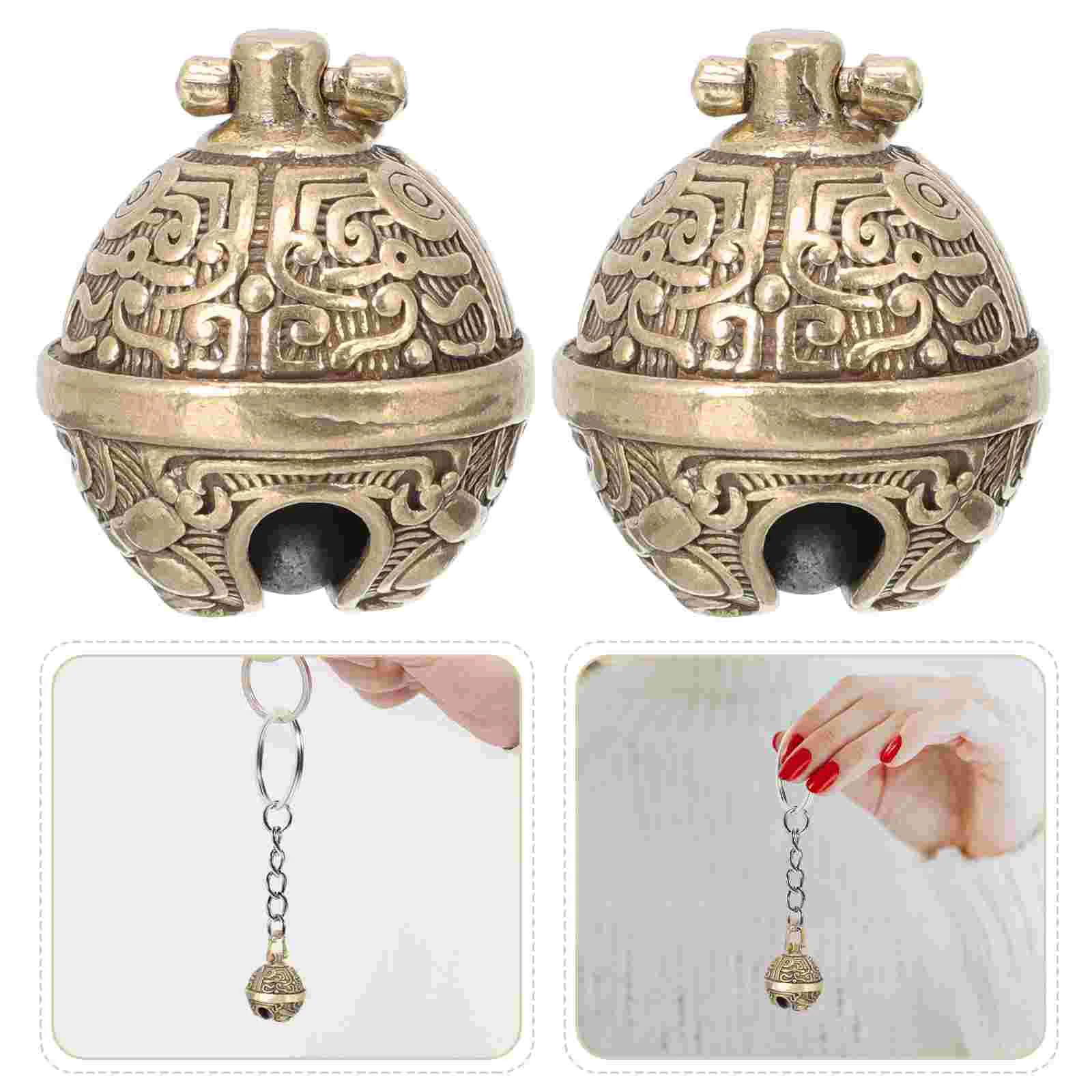 2 Pcs Pattern Bell Hanging Metal Charm Keychain Pendant Brass DIY Pendants