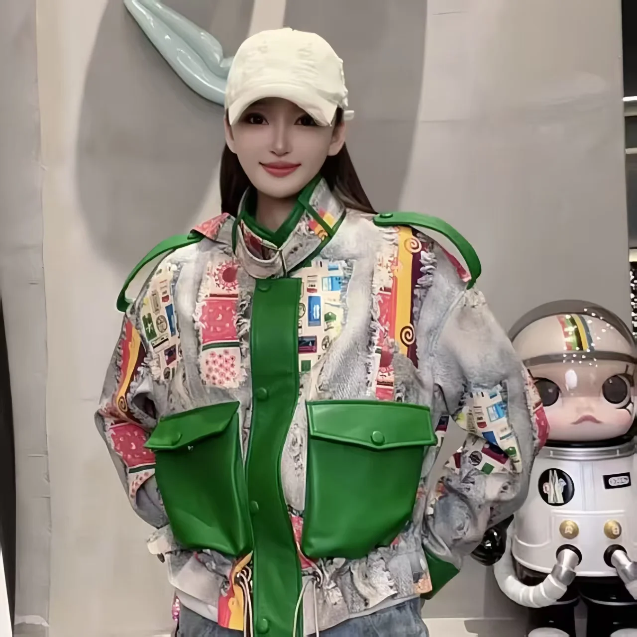 Women's Faux Leather Jacket,Stand Collar Outerwear,Adjustable Waist Tops,Print Doodle Coats,Female Clothing, Autumn,Winter,New