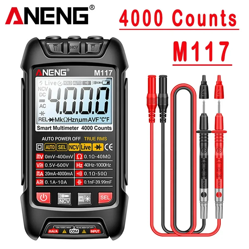 

Цифровой мультиметр-тестер ANENG M117 на 4000 измерений, 600В, измерение напряжения, тока, сопротивления, NCV, диодов, проверка целостности цепи, зуммер, инструменты электрика