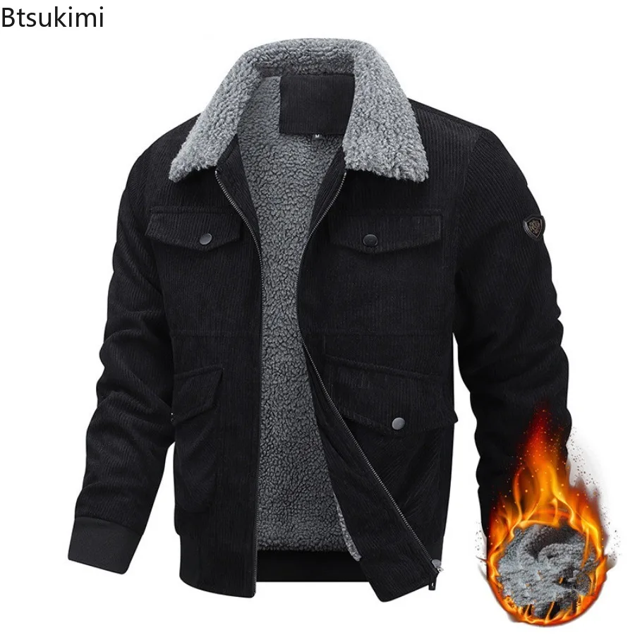 Man's Autumn Winter Flip Collar Coats Fleece Keep Warm Thickening Jackets Fashion Simplicity Pocket Solid Cotton Clothes Male