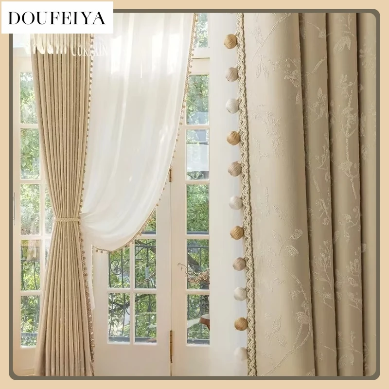 

French Cream Precision Relief Lace Luxury Curtains for Living Room Bedroom Dining Blackout Blackout Custom Size White Tulle
