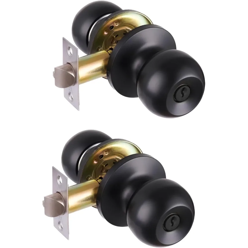 2 Pack Black Door Knobs with Lock and Keys, Interior and Exterior Door Lock, Standard Ball Door Locks for Bedrooms/Bathroom