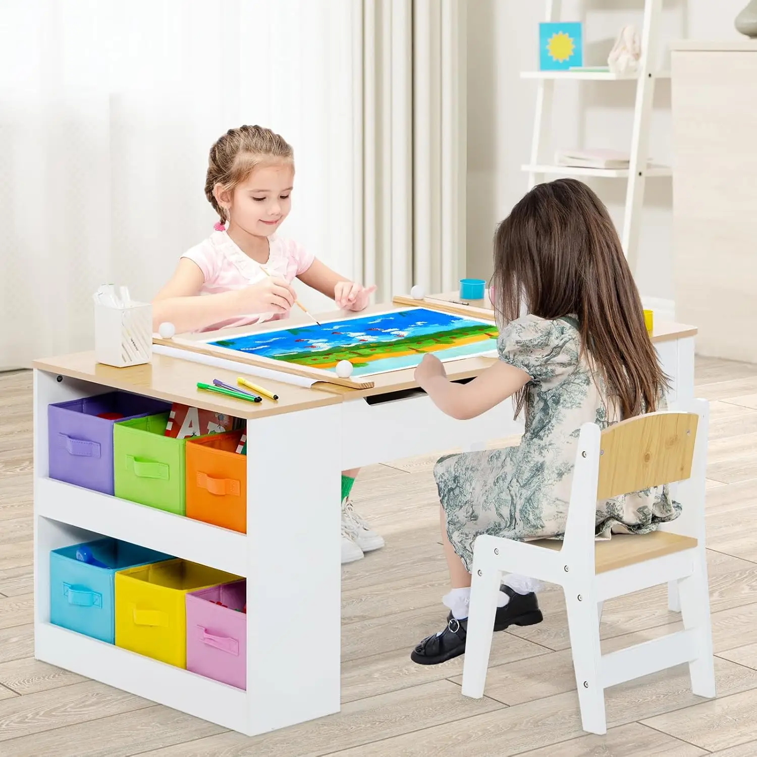 3 in 1 Kids Art Table and Chair Set, Toddler Craft Play Wood Activity Desk with 2 Chairs Storage Canvas Bins Paper Roll f