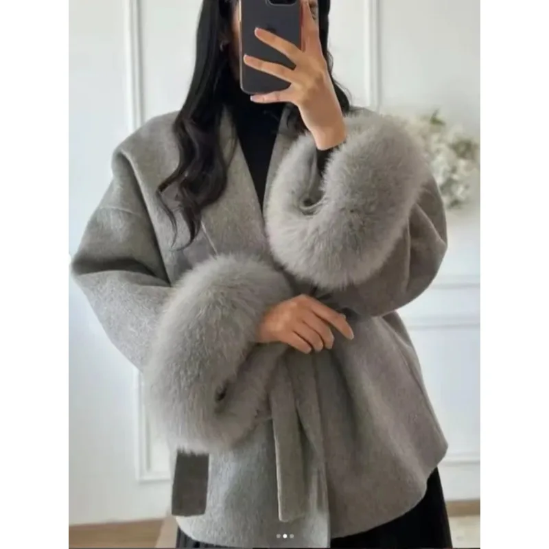 

Элегантное шерстяное короткое пальто на шнуровке, однотонное свободное женское пальто с меховым поясом и длинными рукавами, осенне-зимний женский шикарный кардиган