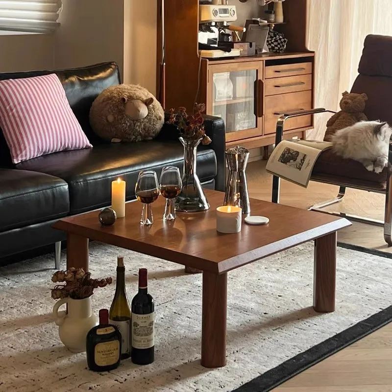 Retro home small apartment simple solid wood coffee table log black second-hand square tea table living room leisure coffee tabl