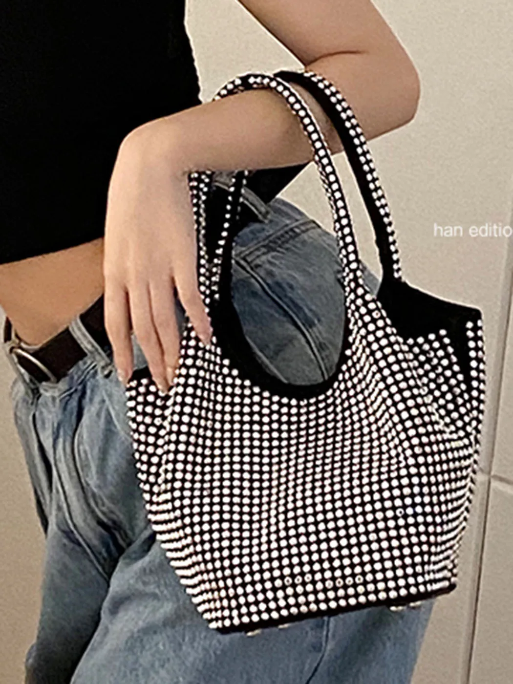 JIAERDI Vintage Rhinestone Bucket Bags Women 2023 Y2k Grunge Retro Silver Shoulder Bags Ladies Fairycore Shiny Handbag Female