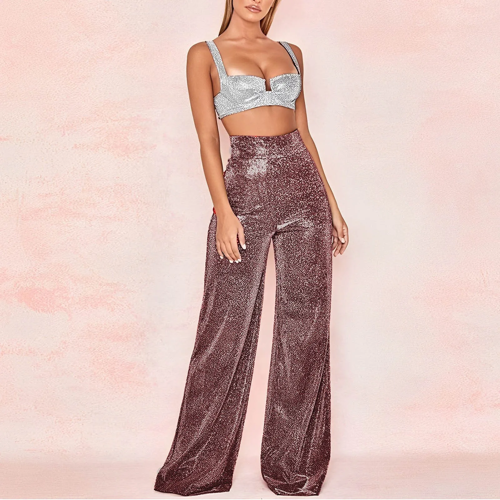 Women\'s Fashion Shiny Sequin Pants High Waisted Draped Palazzo Trousers Zip Wide Leg Flared Pants Party Night Club Wear Pants