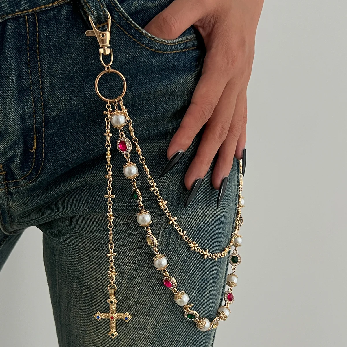 

Layered Pants Chain Imitation Pearl Flower Rhinestone Keychain Wallet Belt Chains for Men Women Trousers Hipster Hip Hop Jewelry