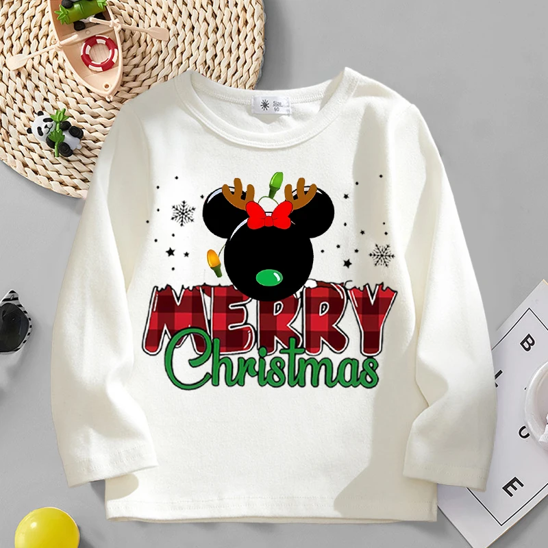 Mickey Mouse Christmas Kids Long Sleeved T-shirt Disney Anime Cartoon Top Boys Girls Xmas Undershirts New Year Children Clothes