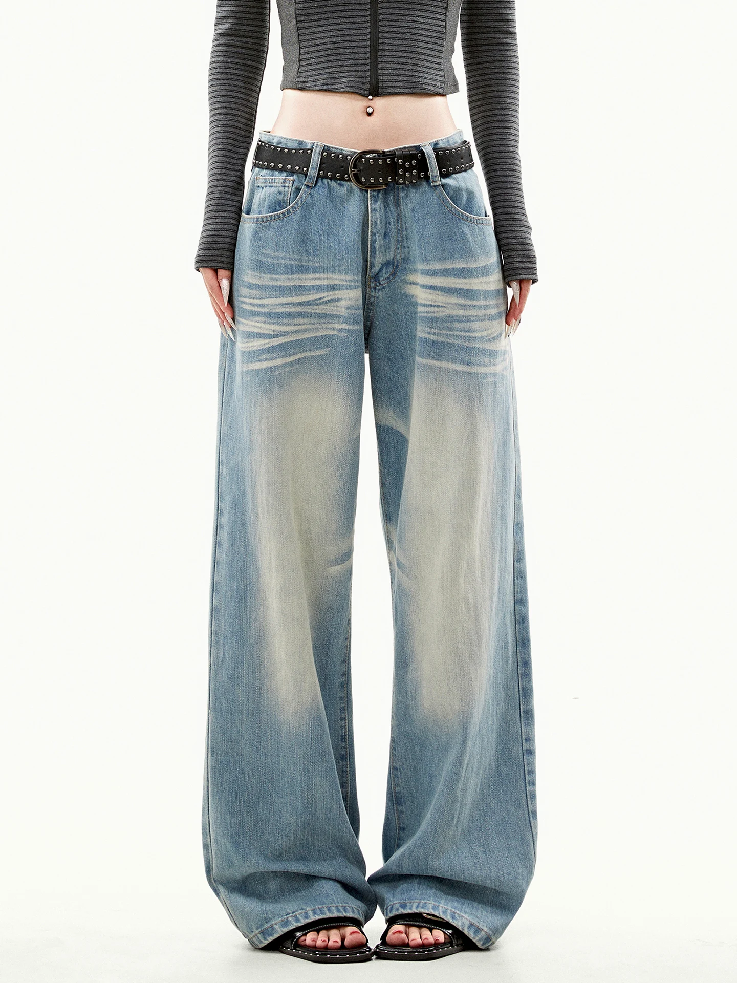Aaisup American Retro Washed Blue Jeans Women's Loose Slimming  Wide Leg Pants Autumn New Style Ladies Jeans