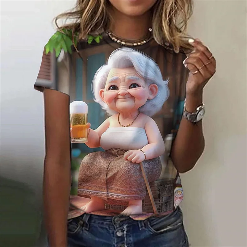Koszulka z nadrukiem 3D Cartoon Granny dla kobiet Kolorowe modne koszulki z grafiką Letnie koszulki casualowe T-shirty z okrągłym dekoltem i krótkimi rękawami
