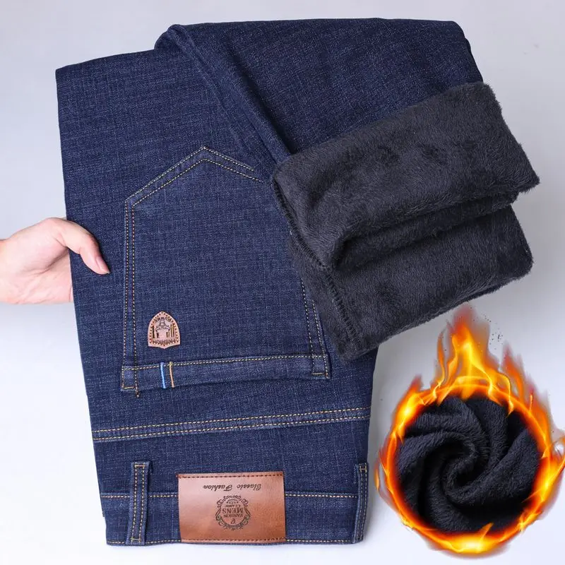 Men's Business Straight Leg Fleece Lined Jeans Autumn Winter Thick Slight Stretch Business Casual Denim Long Pants Black & Blue