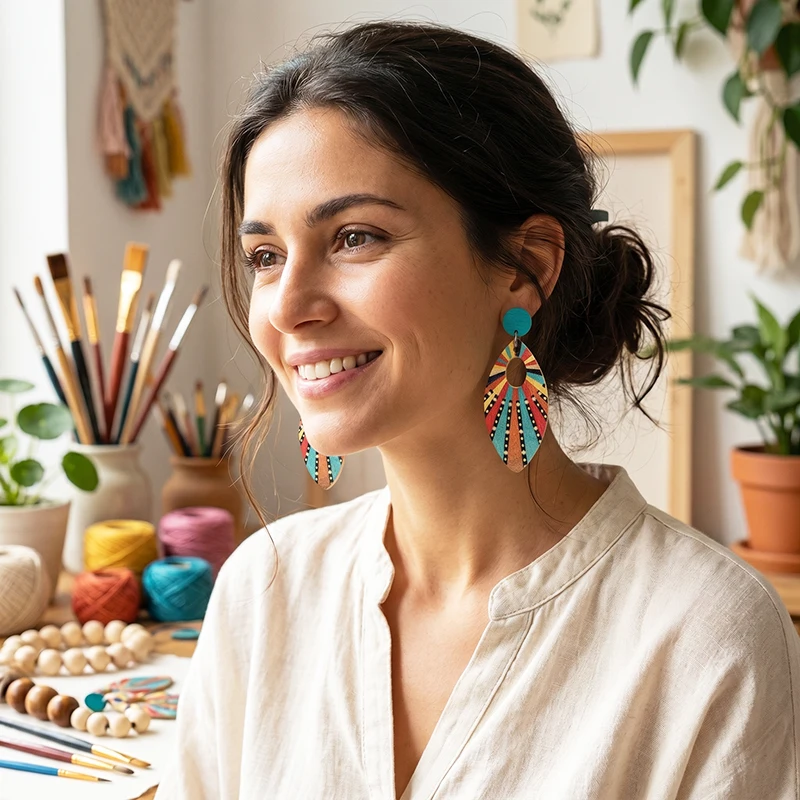 Bohemian Colorful Printed Water Drop Wooden Earrings for Women Creative Ethnic Artistic Style Charm Earrings Vacation Jewelry