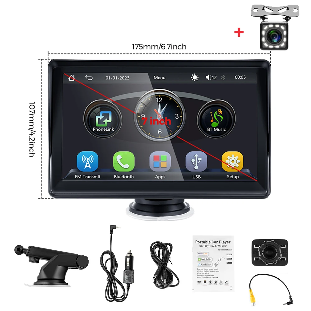 Nieuwste 7 inch draagbare draadloze Carplay autoradio Android Auto autoradio Bluetooth GPS navigatie FM AUX multimediaspeler