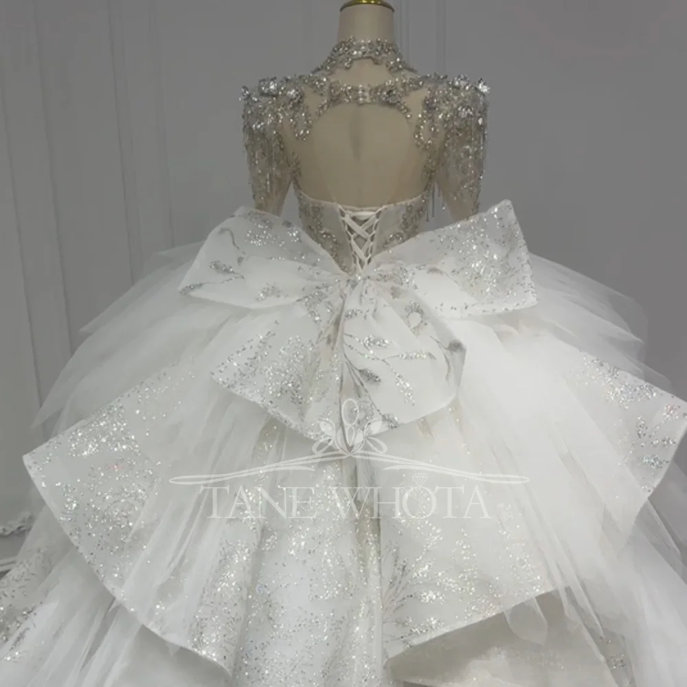 High Neck Long Sleeve Wedding Dress Lace Up Keyhole Back Beaded Sequined Crystal Bow Customizable Vestidos De Noivas