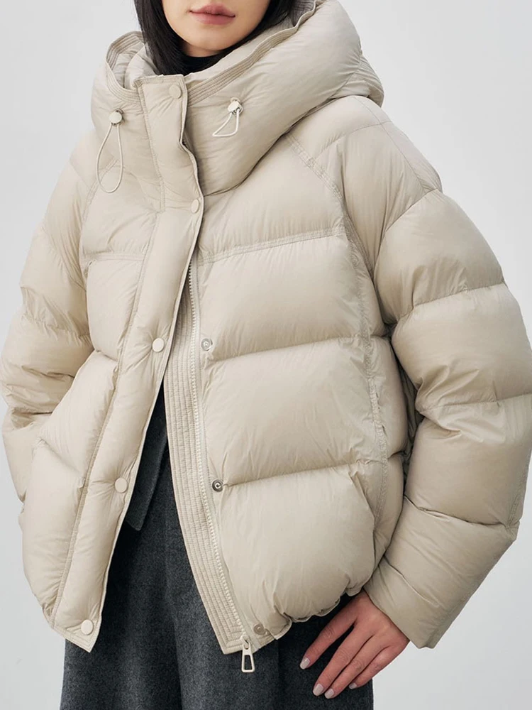 Beige Black Drawstring Big Size Down Jacket New Hooded Long Sleeve Warm Women Parkas Fashion Autumn Winter
