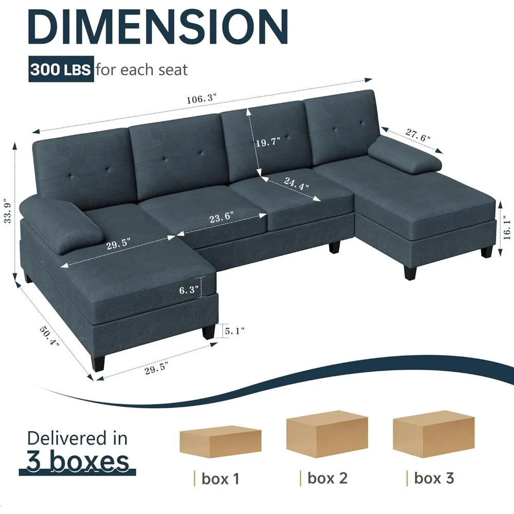 Sectional Couches for Living Room, 4 Seat Sofa Set U-Shaped Couch with Wide Chaise, 106in Large Sofa Modern Fabric Couch