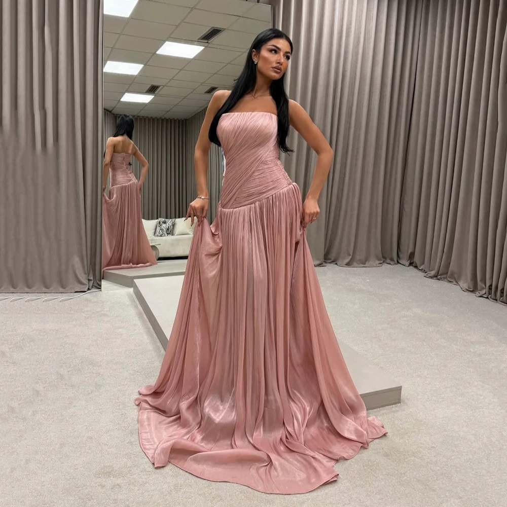 

Galarity Customized Luxury Pleated Formal Evening Gown Strapless Prom Dress Ruched Shiny Party Dress A Line Wedding Guest Dress