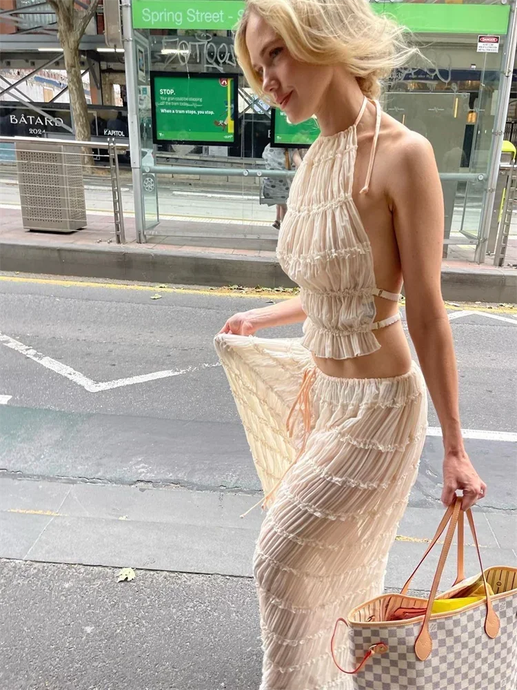 

Spring Summer Female 2 Piece Set Fashion Solid Hang Neck Long Skirt Suit Women Backless Sling Top Lace Up Fold Maxi Skirts