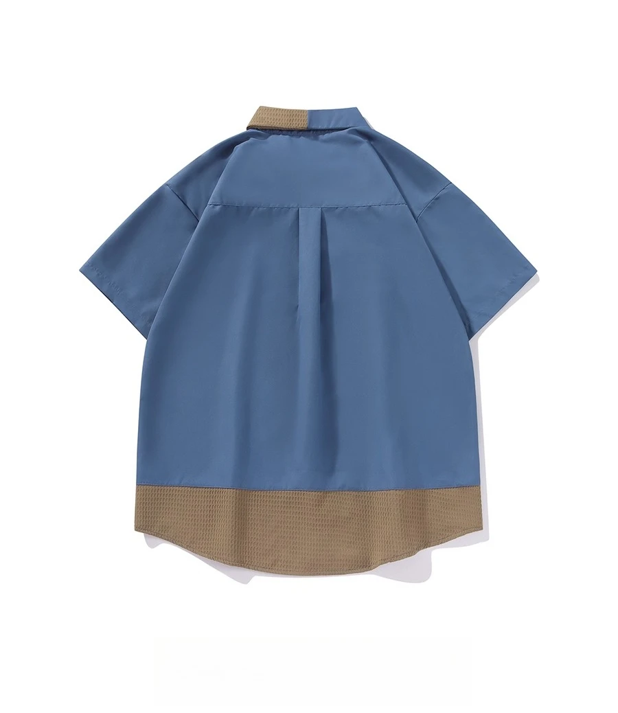 2025 Summer New Patchwork Fake Two-Piece Khaki Short Sleeve Shirt American Design Dark Blue Casual Slim Fit Daily Top