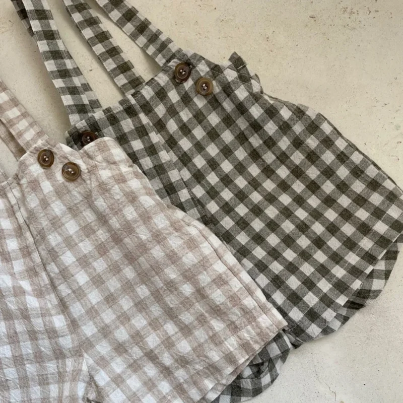 Mono a cuadros para niño y niña, pantalones cortos con tirantes que combinan con todo, finos, sencillos, de lino y algodón, para verano