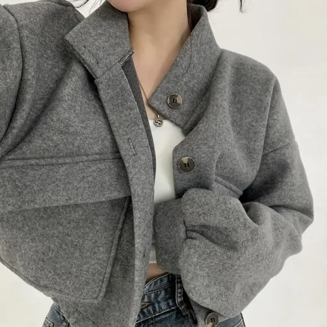 2024 Female Autumn Winter Woolen Cloth Jacket Woman Fashion Button Short Coats Solid Women Streetwear