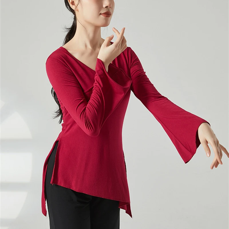 Chemise évasée à manches longues pour femmes, costume de compétition de performance d'entraînement, vêtements de danse folklorique chinoise fluide, t-shirt de danse classique