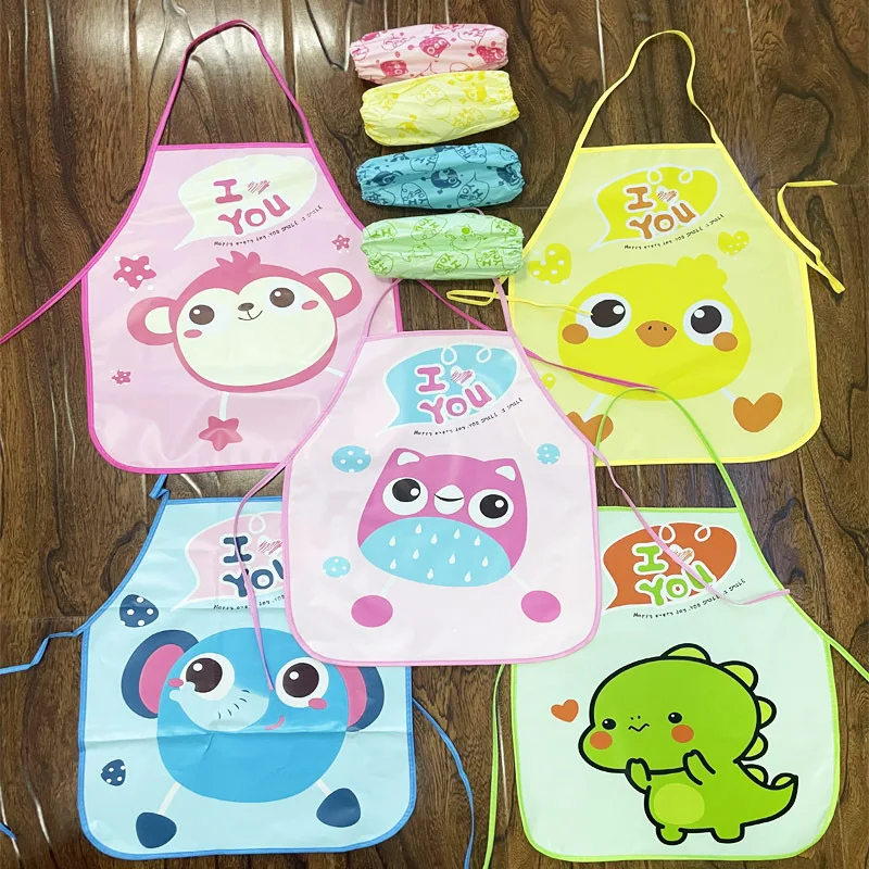 Children's Apron Sleeves Cartoon Waterproof Child Baby Thin Graffiti Art Bib Supplies Eating Summer Painting Style