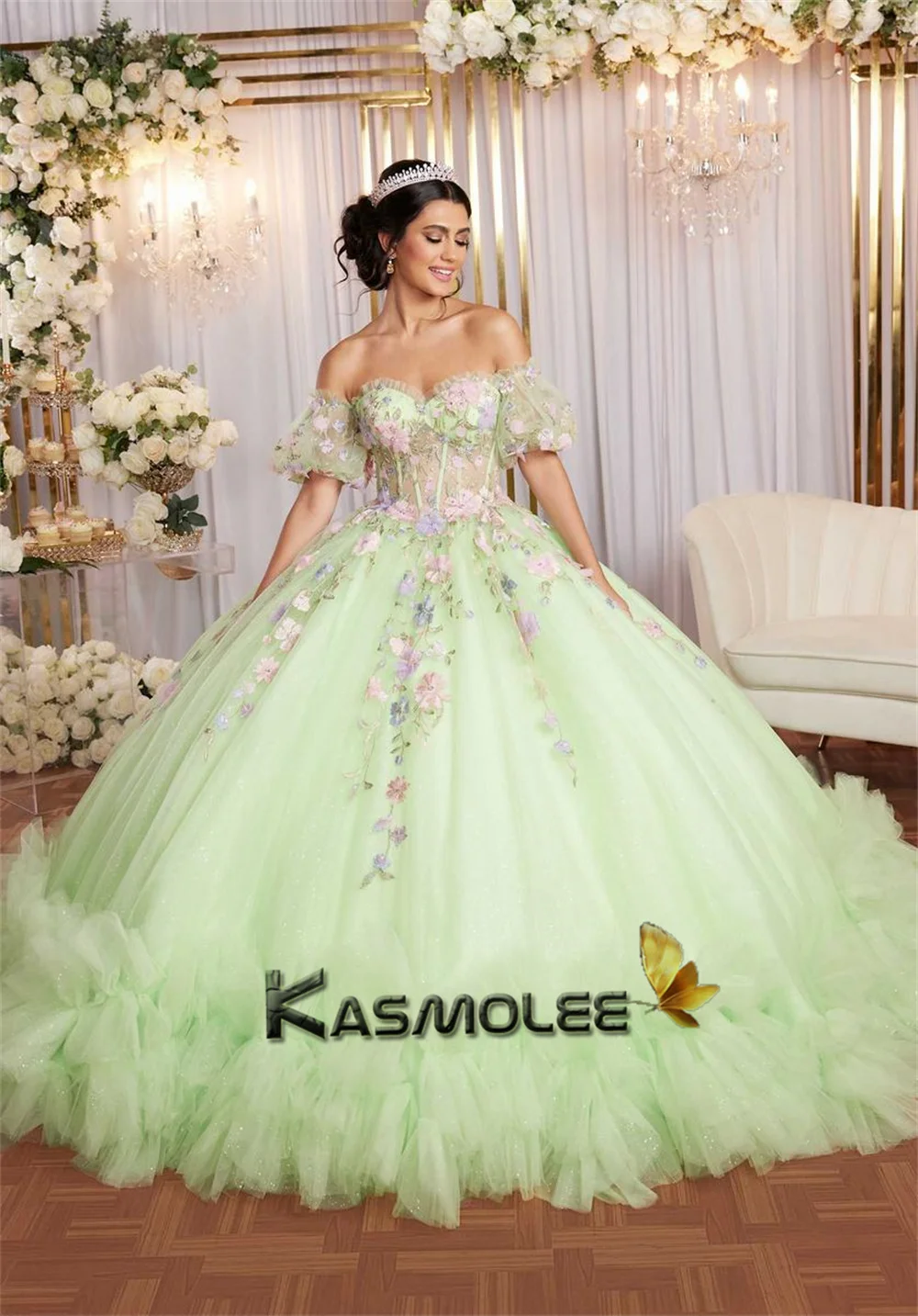 فساتين Quinceanera من Kasmolee Pastrol Ball 15 Ans بدون أكتاف وأربطة من الدانتيل مزينة بالدانتيل مخصصة