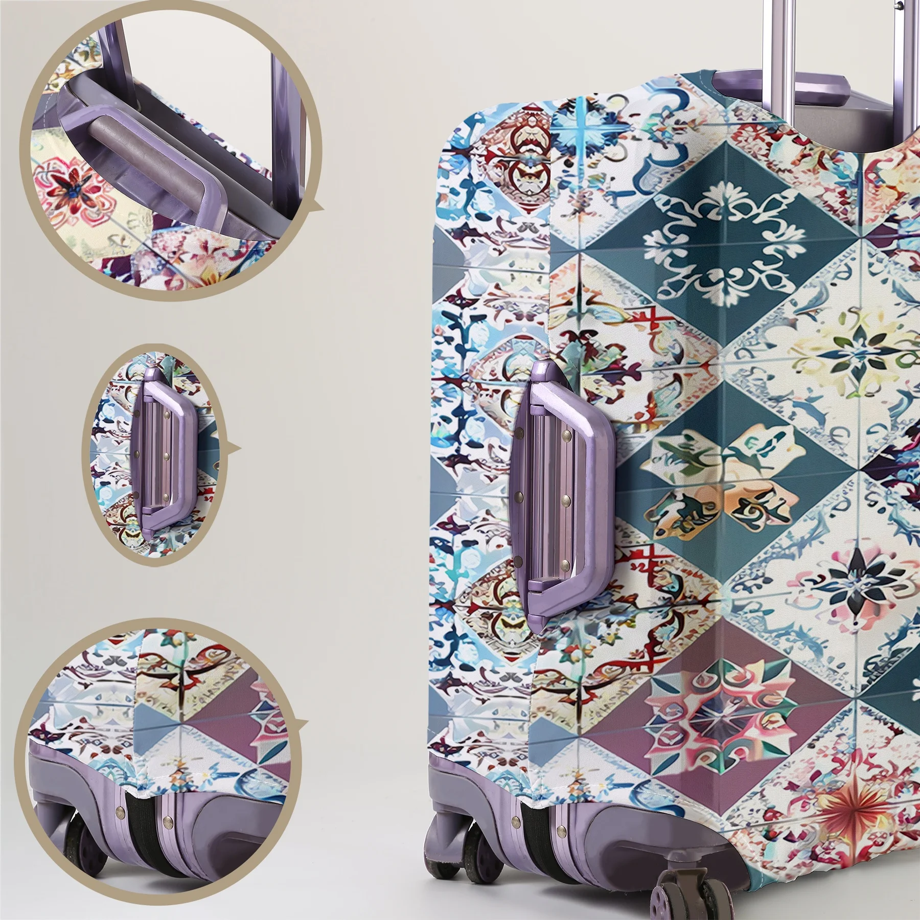Retro tile patchwork pattern luggage protection cover, suitable for 18-32 inch luggage covers, luggage handle gloves, travel acc