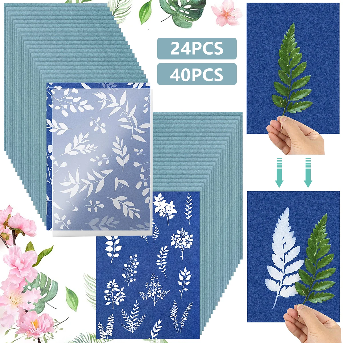 24pcs/40pcs Sun Print Paper Kit with Acrylic Panel Sensitivity Nature Printing Paper Solar Activated Cyanotype Papers for DIY