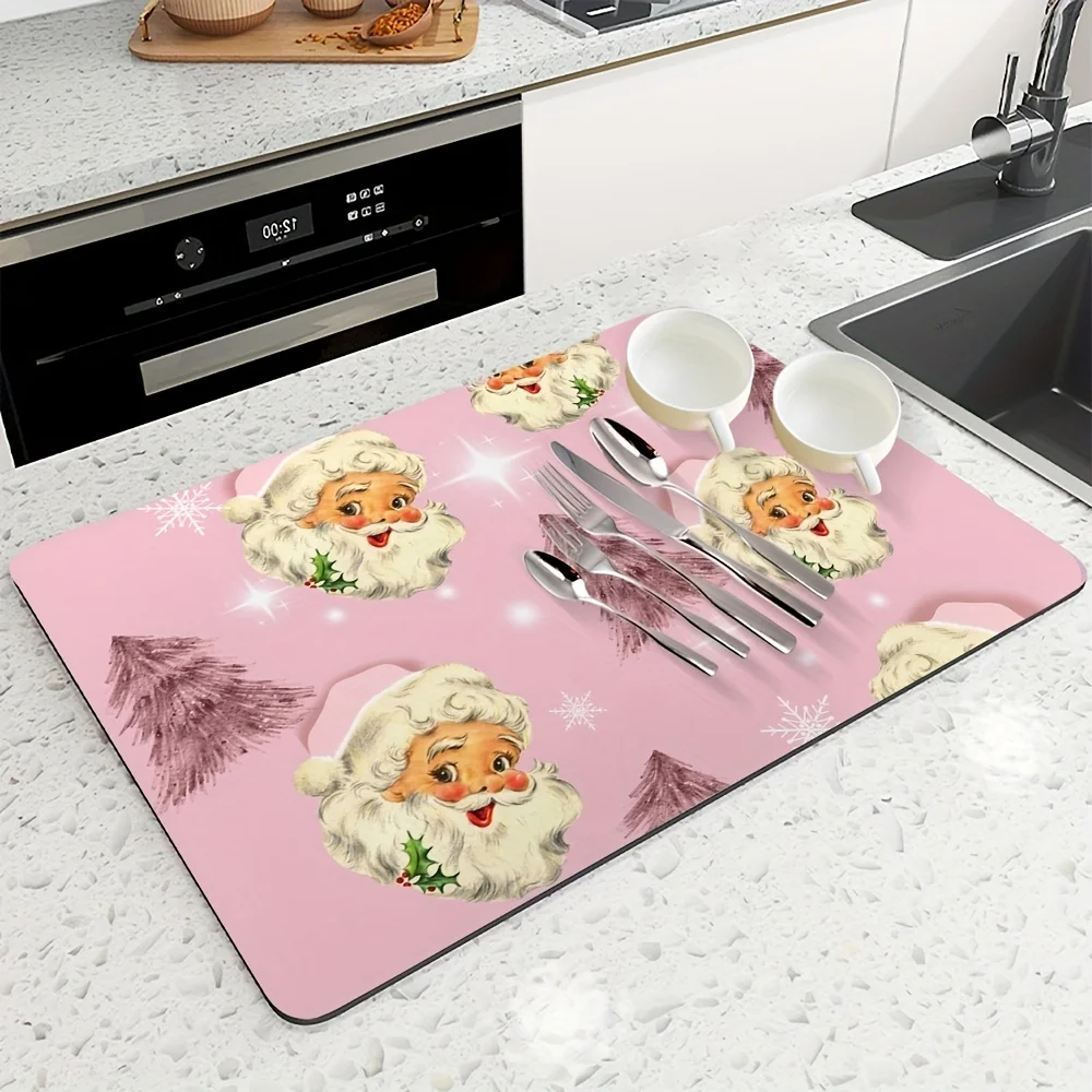 Pink Vintage Santa Claus Drying Mat Retro Santa Head Pine Snowflake Print Quick Water Absorbent Pad For Kitchen Counter Sink