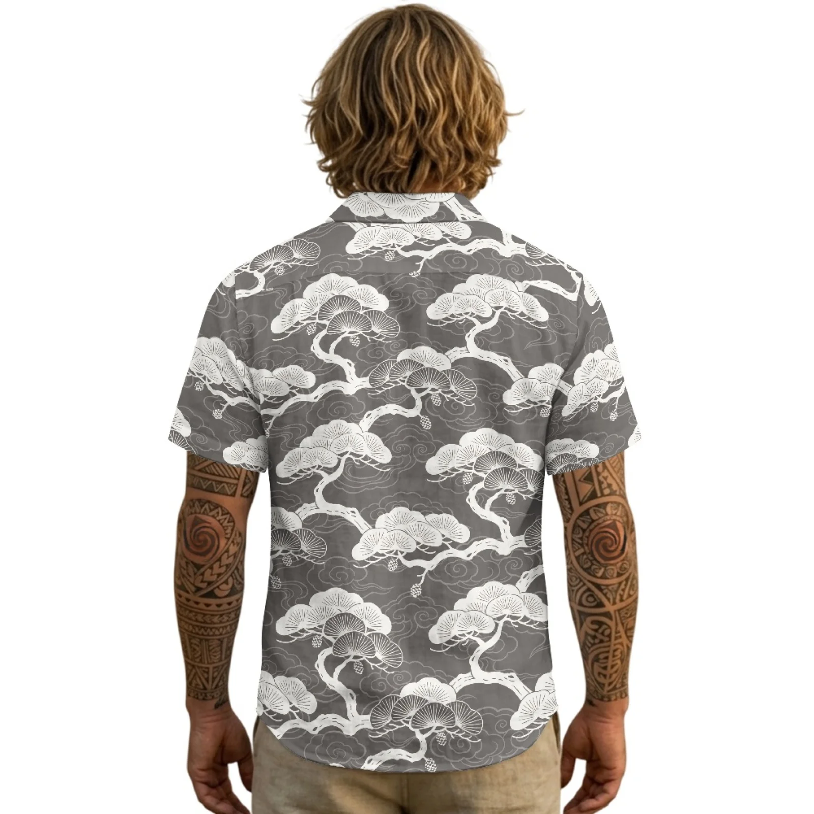 PENSTROLL Bonsai Tree Pattern Linen Like Men's Shirt Hawaiian Beach Shirt for mens Single Breasted Mens Short Sleeve T-shirt