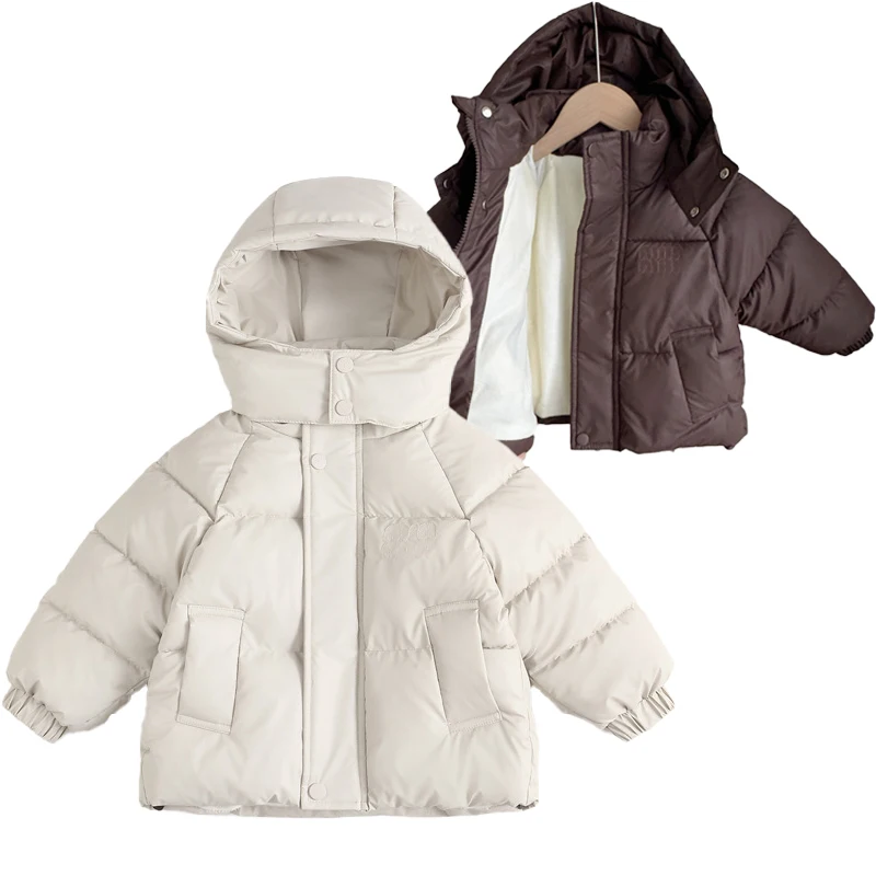 New Winter Thick Keep Warm Girls Boys Jacket Leather Fabric With Waterproof And Stain-resistant Properties Hooded Coat For Kids