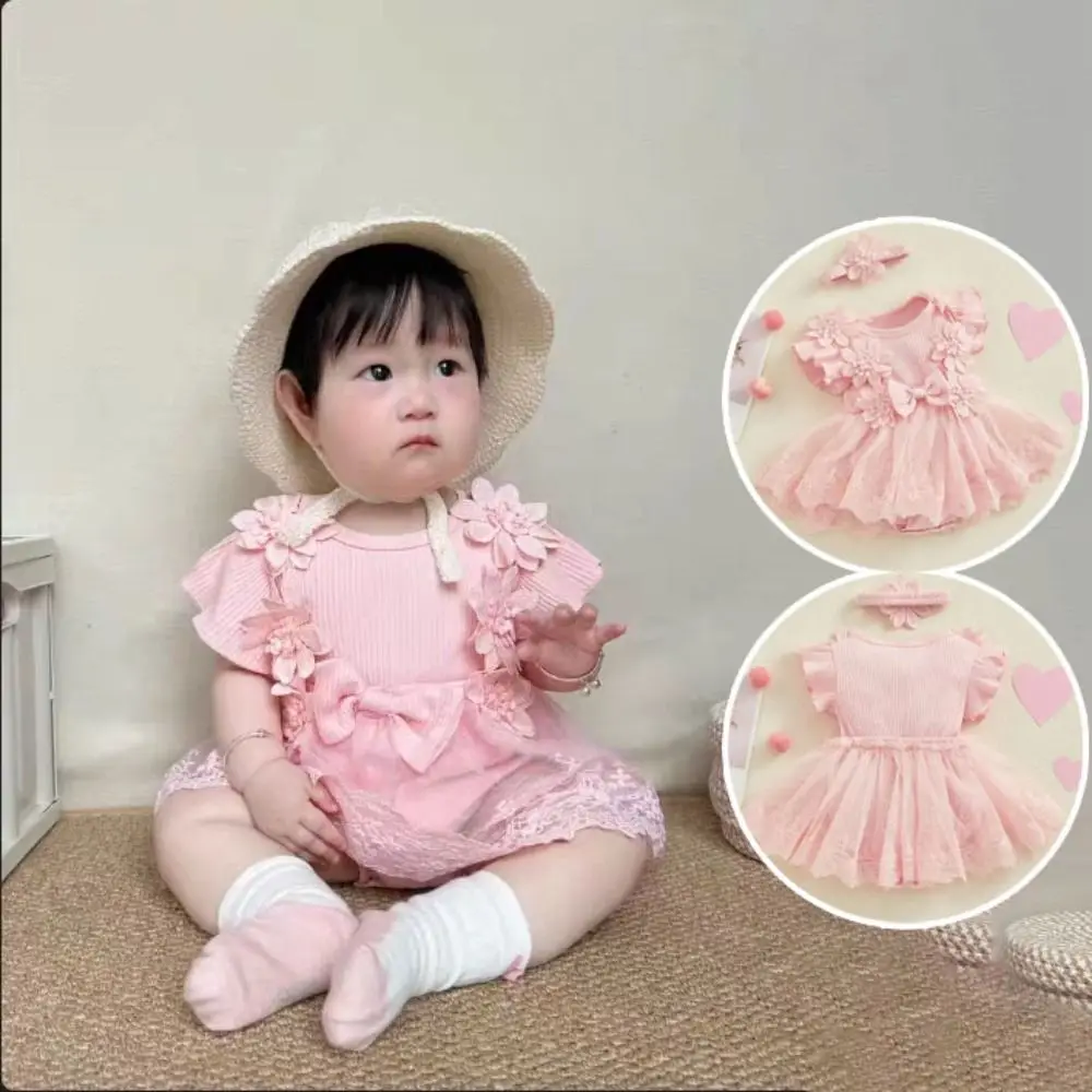 Fashion Cotton Baby Girl Princess Dress Lace Mesh Bowknot Baby Girl Bubble Dress Short Sleeve Sweet Infant Dress with Headband