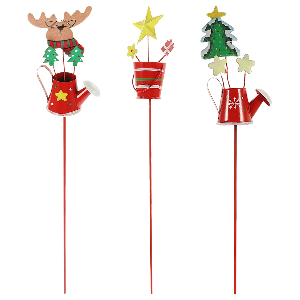 

3pcs Christmas Metal Stake Garden Flower Pot Metal Stake Christmas Style Kettle Stake Xmas Planter Decor