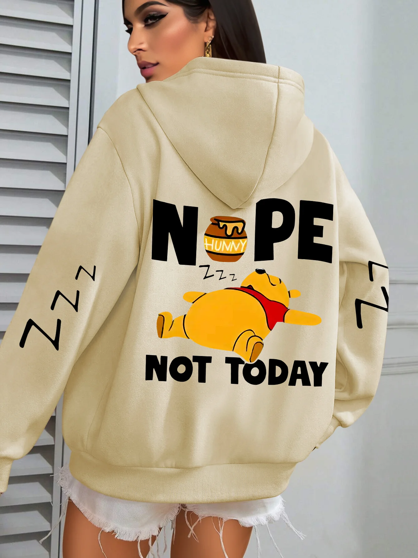 Disney winnie the pooh feminino padrão outono e inverno velo moletom com capuz unisex streetwear oversized solto casual