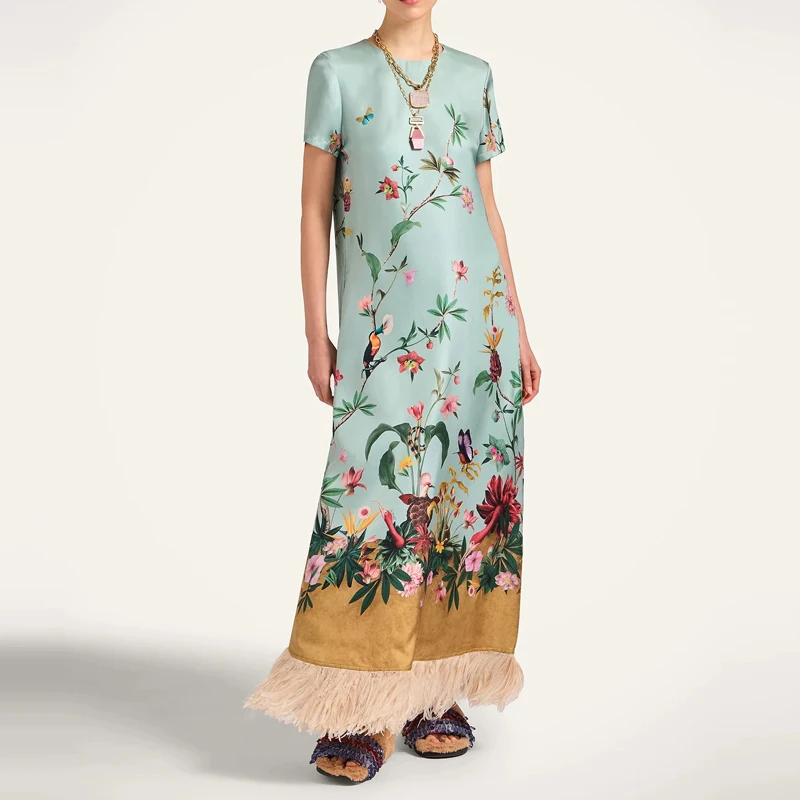Damen Freizeitkleid mit Kurzen Ärmeln, Boho-Partykleid, Elegantes Schickes Muster-Print Sommerkleid, Modisches Quasten-Verziertes Urlaubskleid