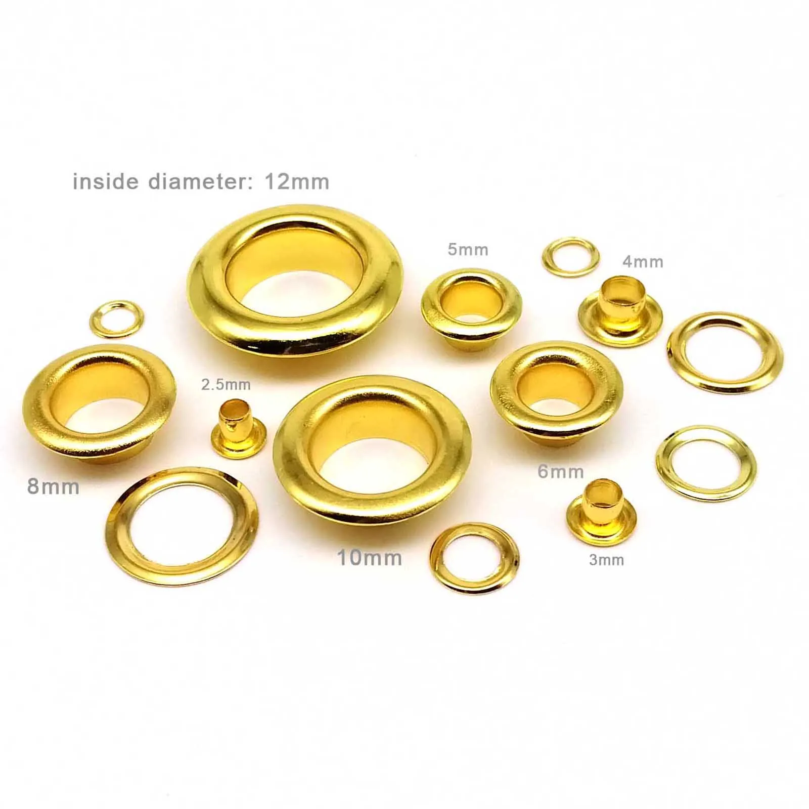 100sets 2.5mm to 12mm Golden High Quality Eyelet With Washer Grommet Ring Air Hole Rivet For Leather Bag Shoes Belt Cap Clothes