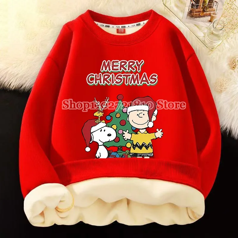 Snoopy Sweatshirt Cartoon Anime Print Crew Neck Top Autumn Winter Thickened Lamb Wool Loose Soft Red Clothing Kids Birthday Gift