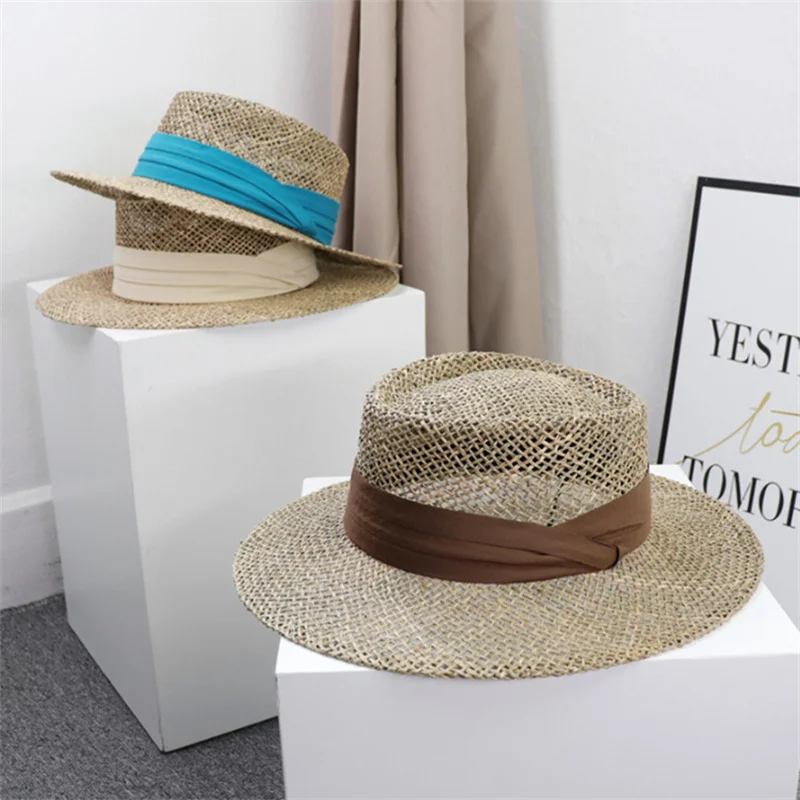 Retro straw hat natural seagrass hand-woven colorful tri-fold with bump top Hepburn style holiday beach summer sun hat for woman