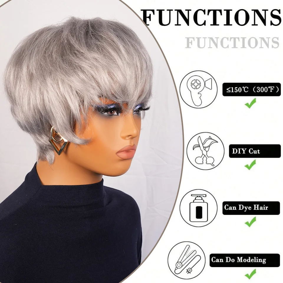 رمادي اللون عابث قصيرة مستقيمة الطبقات البرازيلي باروكة من شعر طبيعي للنساء 6 بوصة آلة صنع غطاء شبكي وردي لا ذرف شعر مستعار #3